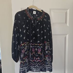 CAbi Navy Sheer Floral Blouse with Multicolor Embroidered Collar